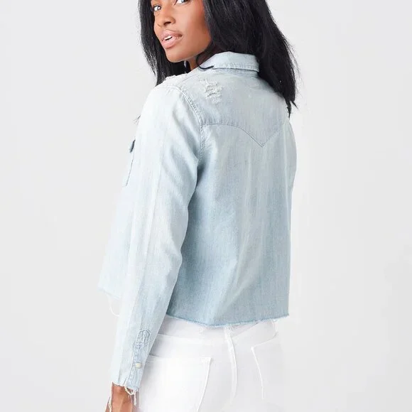 MOTHER Women's The Super Ex's Crop Fray Button-Up Shirt Jacket - Picture 3 of 5